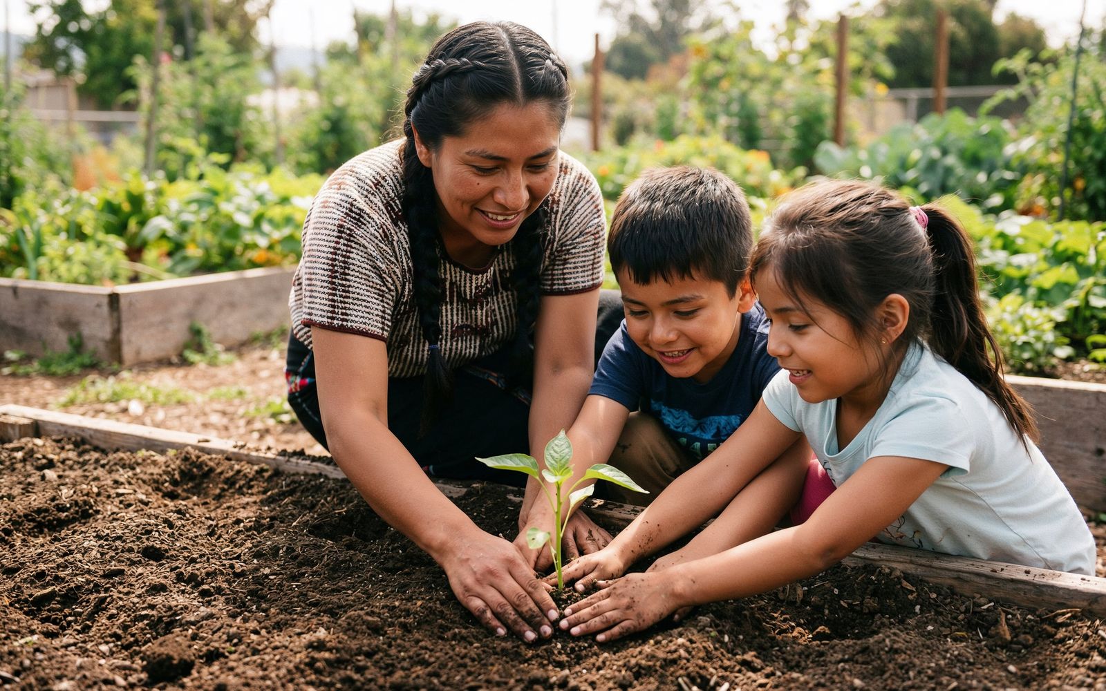 A mother and her two children planting a seedling together in a garden bed.