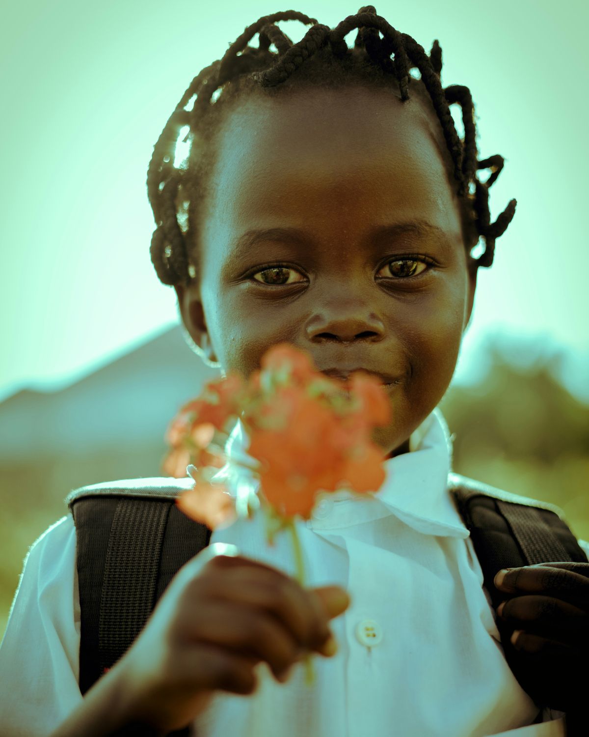 A young girl in a school uniform and backpack holding out a red flower.