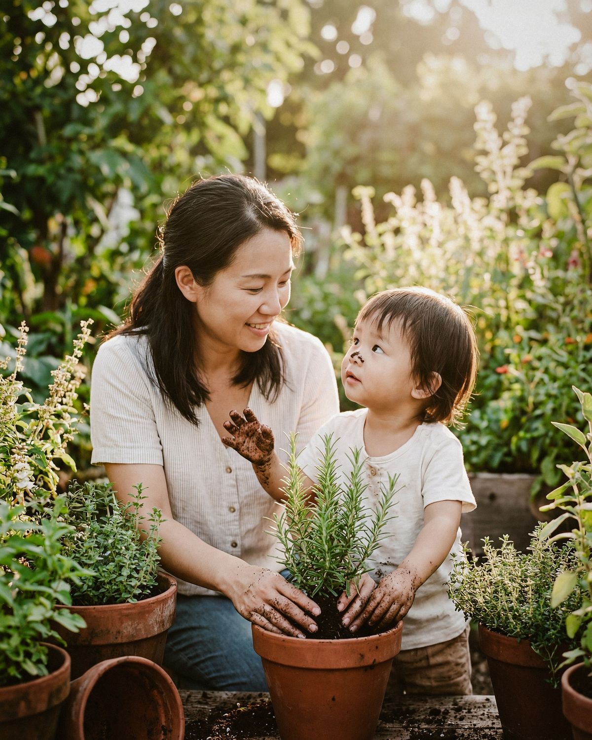 A mother and her toddler, both with soil on their hands, planting rosemary together in a sunlit garden.
